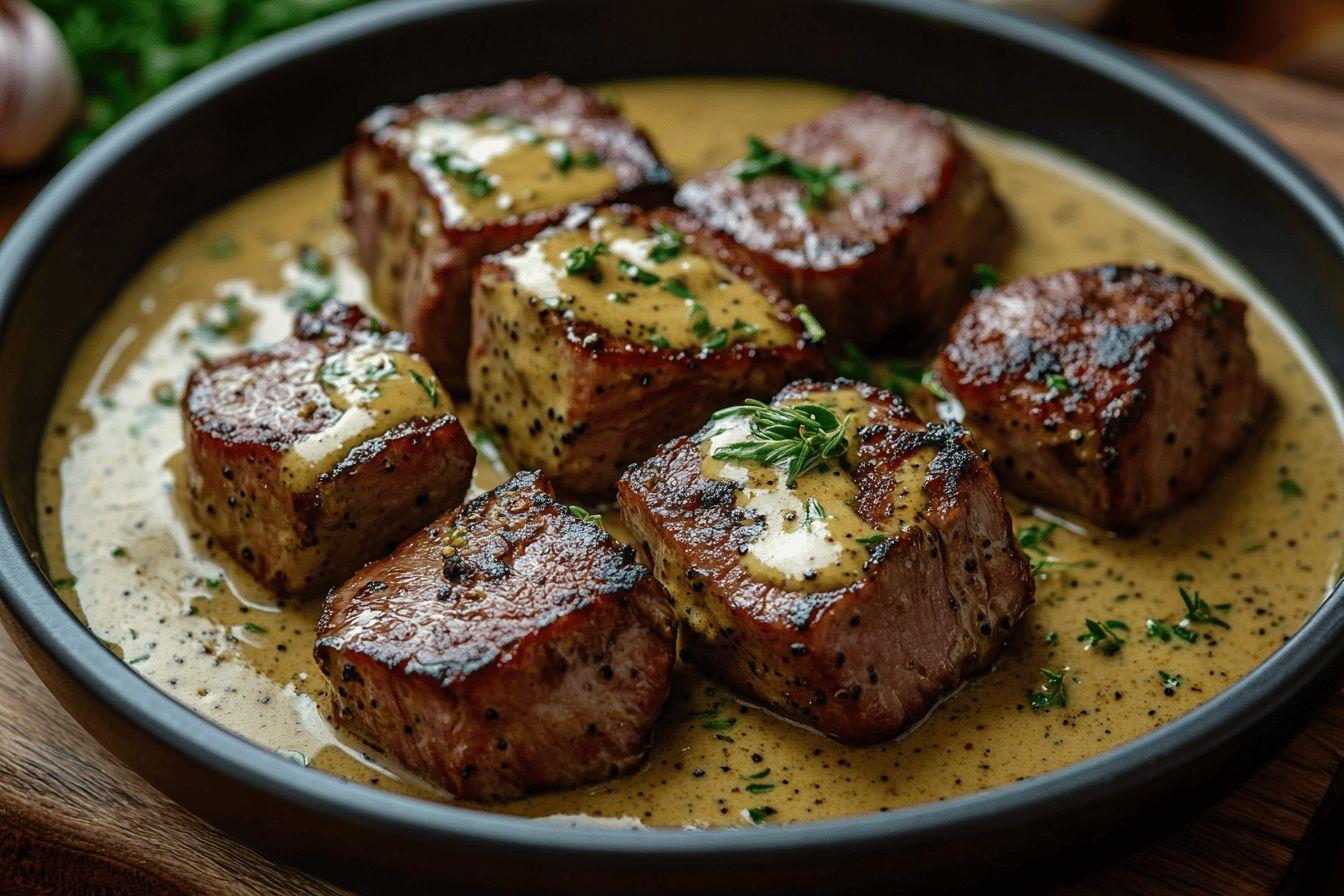 Filet mignon de porc poêlé à la moutarde et crème – recette facile
