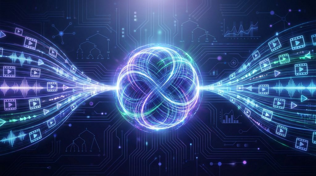 A glowing digital core aggregates video content, with film reel and play button streams flowing outwards. Intricate data structures and linguistic analysis trees glow in the background.