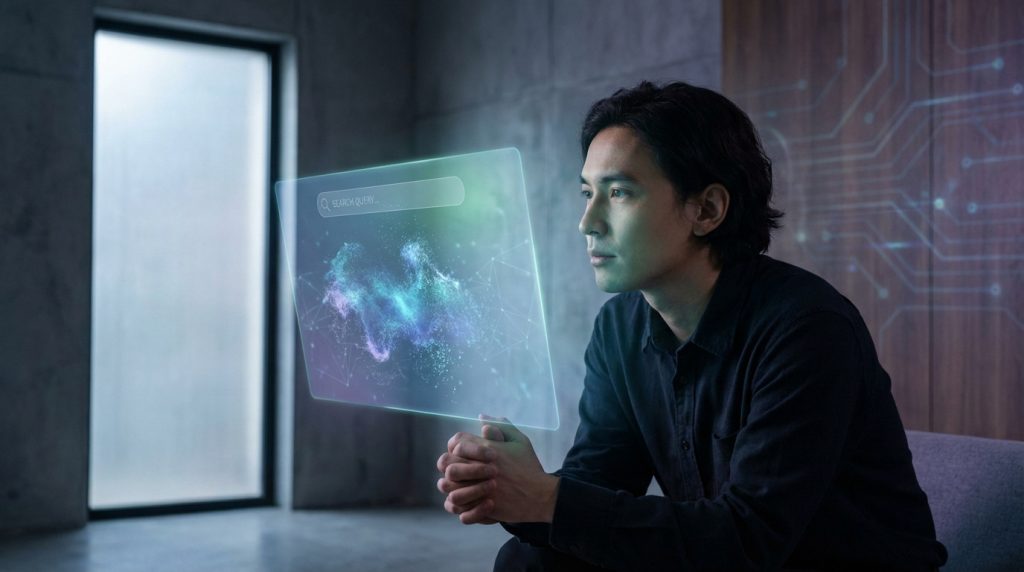 Man thoughtfully gazes at a glowing holographic screen displaying an abstract search interface in a modern, softly lit room.