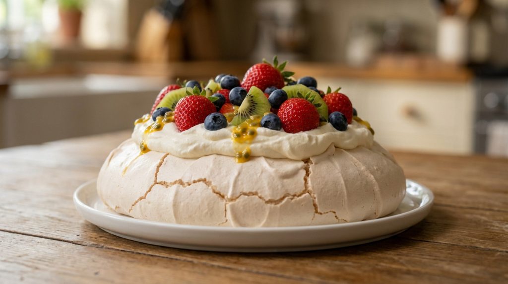A stunning Pavlova on a white plate, featuring a crisp meringue base, fluffy whipped cream, strawberries, blueberries, kiwi, and passion fruit.
