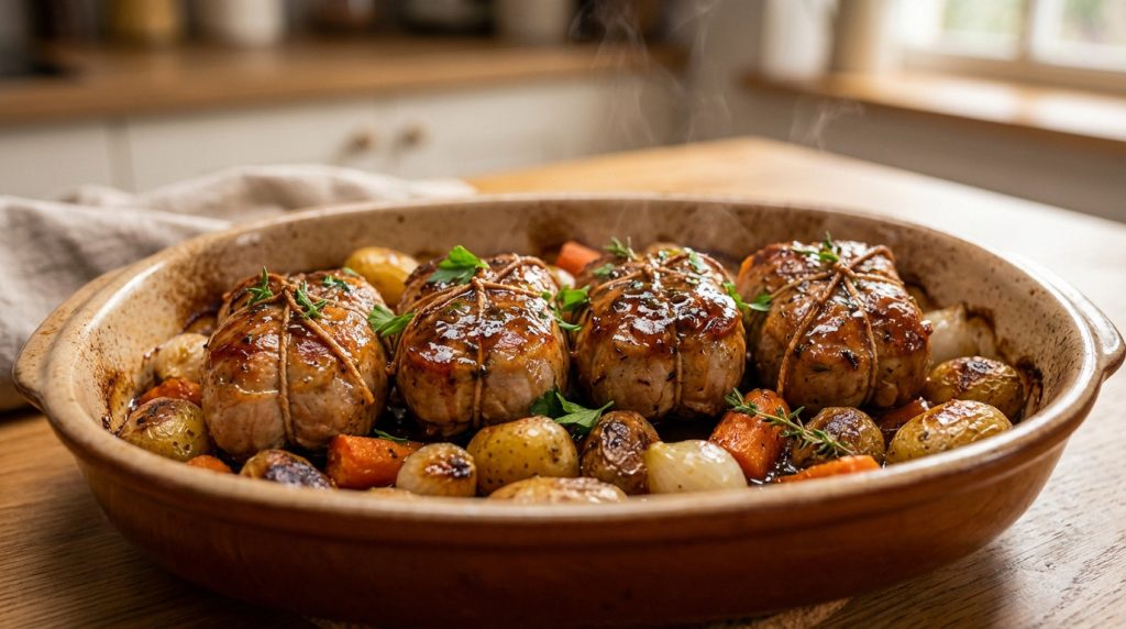 Golden-brown pork paupiettes with glistening sauce, fresh herbs, and roasted vegetables in a rustic baking dish, fresh from the oven.