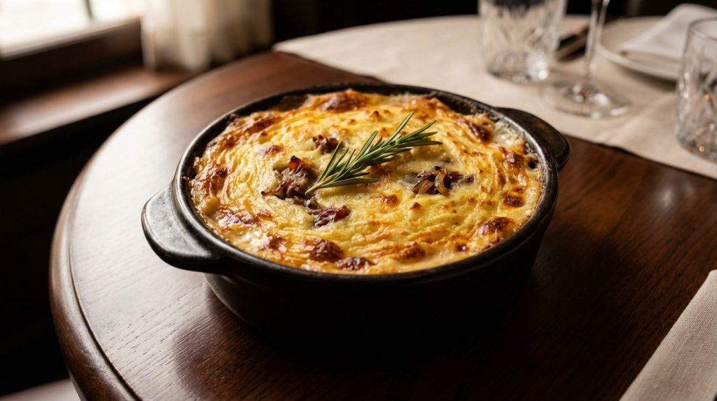 Close-up of a golden-brown duck shepherd's pie (Parmentier de Canard) with rosemary, on a dark table in soft light.