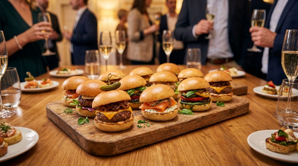Diverse gourmet mini burgers on a rustic wooden board at a festive reception. Varieties include beef, salmon, and grilled vegetables.