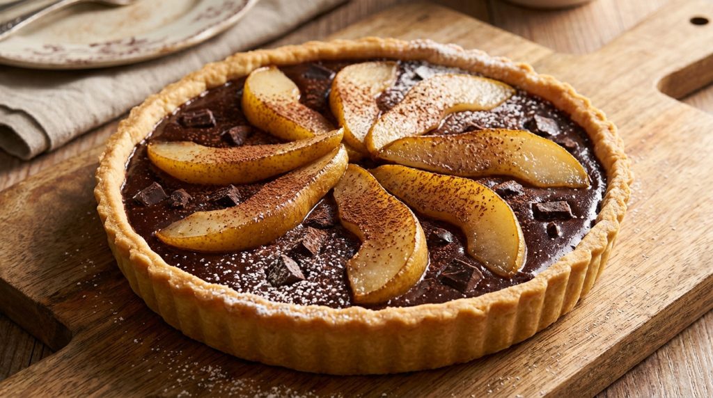 A photorealistic gourmet pear and chocolate tart on a rustic wooden board, topped with fanned pear slices, chocolate chunks, and cocoa dusting.
