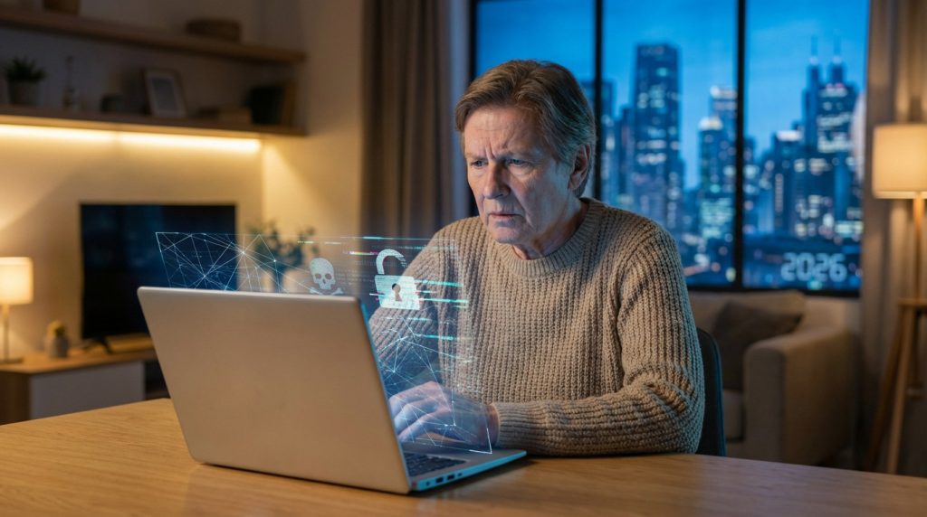 An older person intently watches a laptop screen showing digital security risks (skull, unlocked padlock) in a modern home with a futuristic cityscape at dusk.