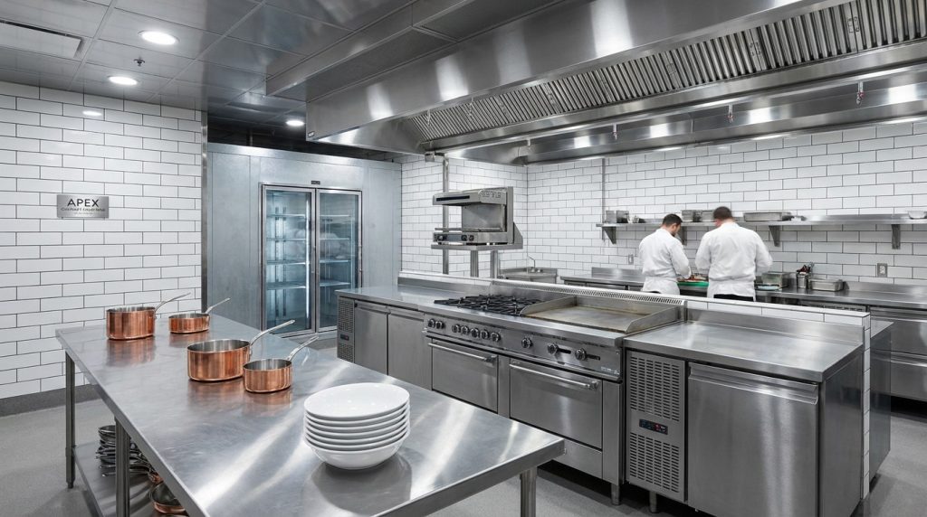 Spacious, bright professional kitchen with sleek stainless steel equipment, including stove, hood, and prep tables. Two chefs work.