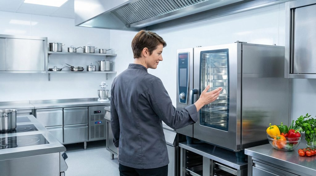 Professional chef in sleek, modern stainless steel kitchen, gesturing at a high-tech oven. Fresh vegetables add vibrant color.