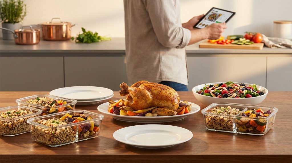 Table garnie de poulet rôti, salade fraîche, plats préparés. Personne consulte une tablette de recettes en arrière-plan.