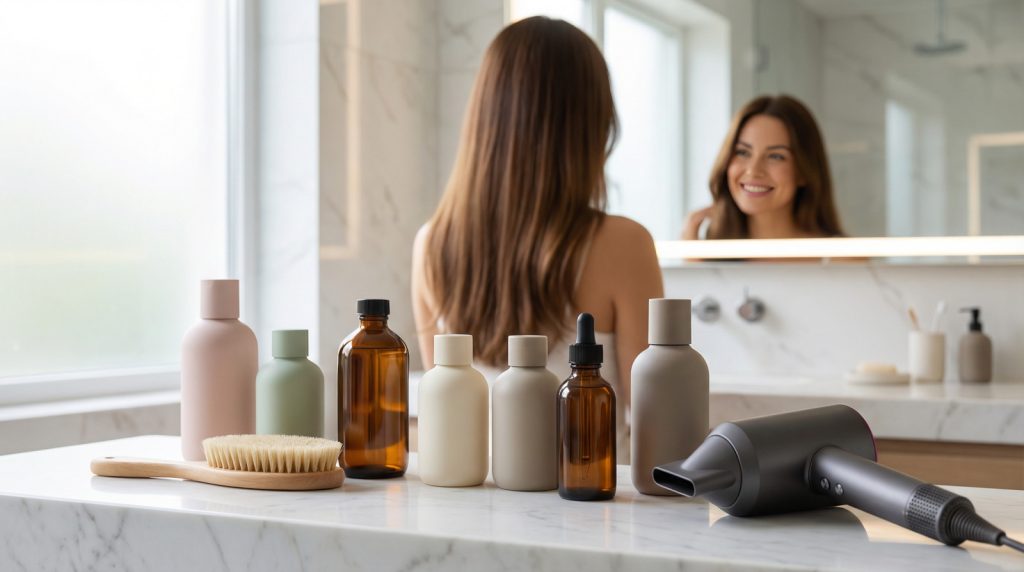 Modern bathroom counter with elegant pastel hair care bottles, a sleek hair dryer, and brush. A woman smiles at her reflection.