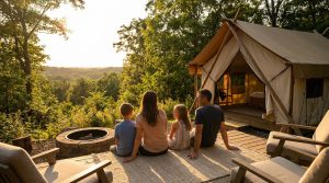 Famille devant une tente glamping, admirant la forêt au coucher du soleil. Un foyer et des fauteuils complètent la scène relaxante.