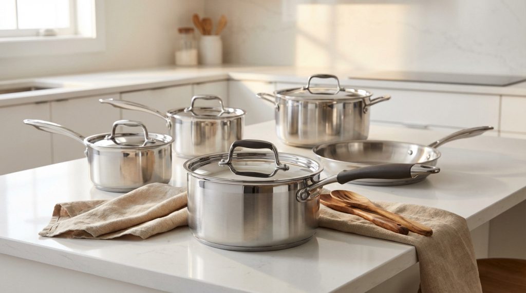 Polished stainless steel cookware set, including pots and a pan with an ergonomic handle, on a modern kitchen countertop.