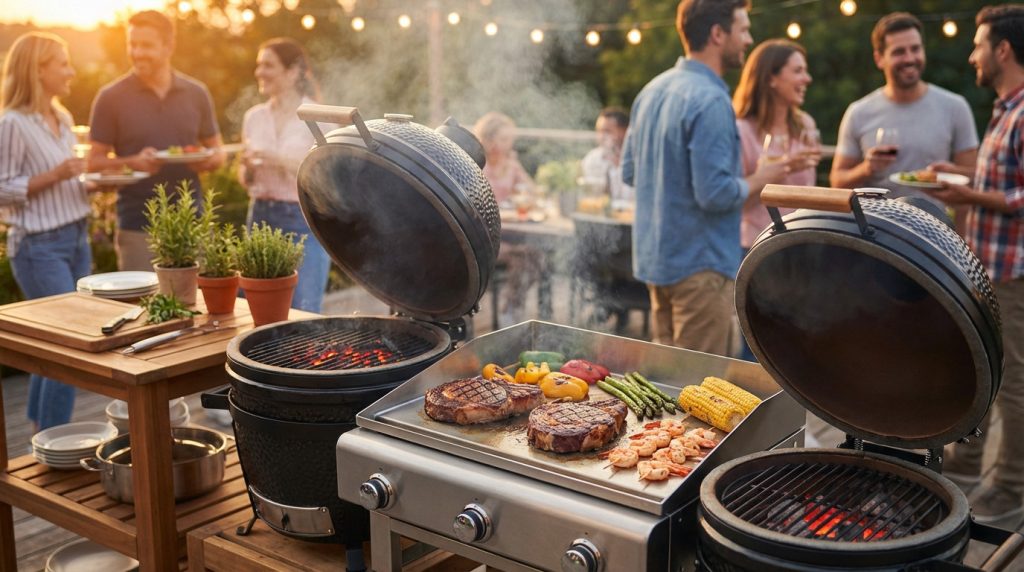 A vibrant outdoor barbecue scene at golden hour. Steaks, vegetables, and shrimp cook on Kamado grills and a plancha, with blurred people enjoying.
