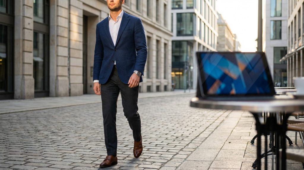 Stylish man in navy blazer, white shirt, grey trousers, and brown shoes walking purposefully on a cobblestone urban street. Blurred tablet on table.