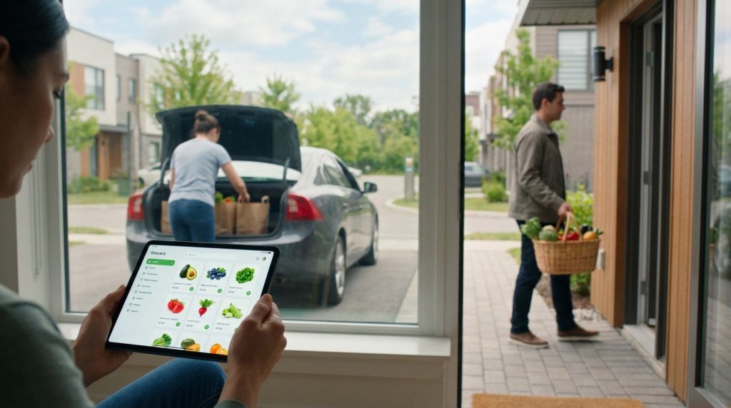 Person on tablet browsing grocery app; outside, a car is loaded with groceries for pickup, and a delivery person approaches a home with a fresh basket.