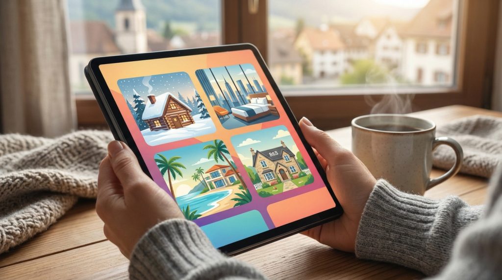 Une personne consulte une tablette montrant des logements variés (cabane, appartement, villa, B&amp;B). Une tasse de café fume à côté.