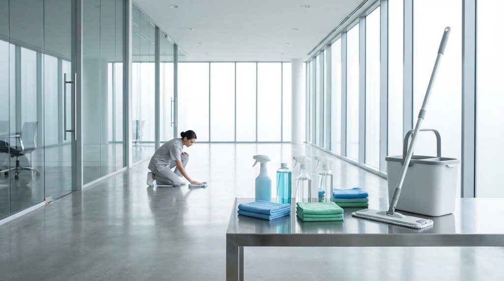 A person in uniform cleans a pristine floor in a modern office. Sleek cleaning products and equipment are on a foreground table.