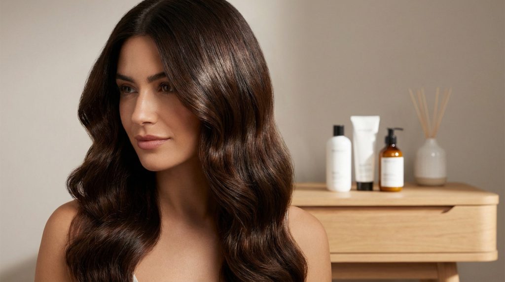 Close-up of a woman with radiant, wavy brunette hair, showcasing shine and volume. Blurred professional hair products in background.