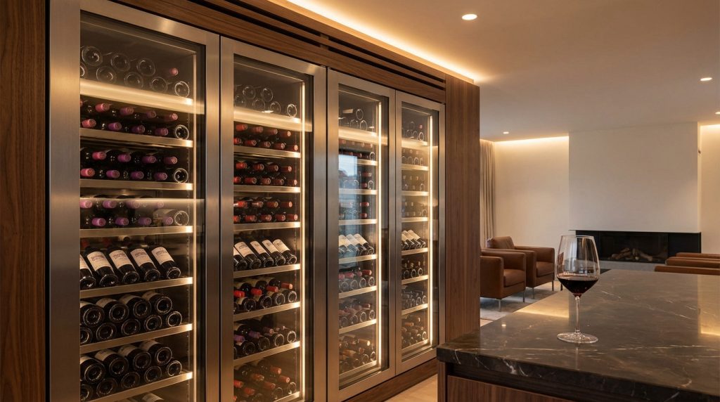 Sophisticated modern wine cellar featuring sleek, lit glass wine cabinets filled with fine red wines. A single wine glass with red wine sits on a polished counter in a luxurious setting.