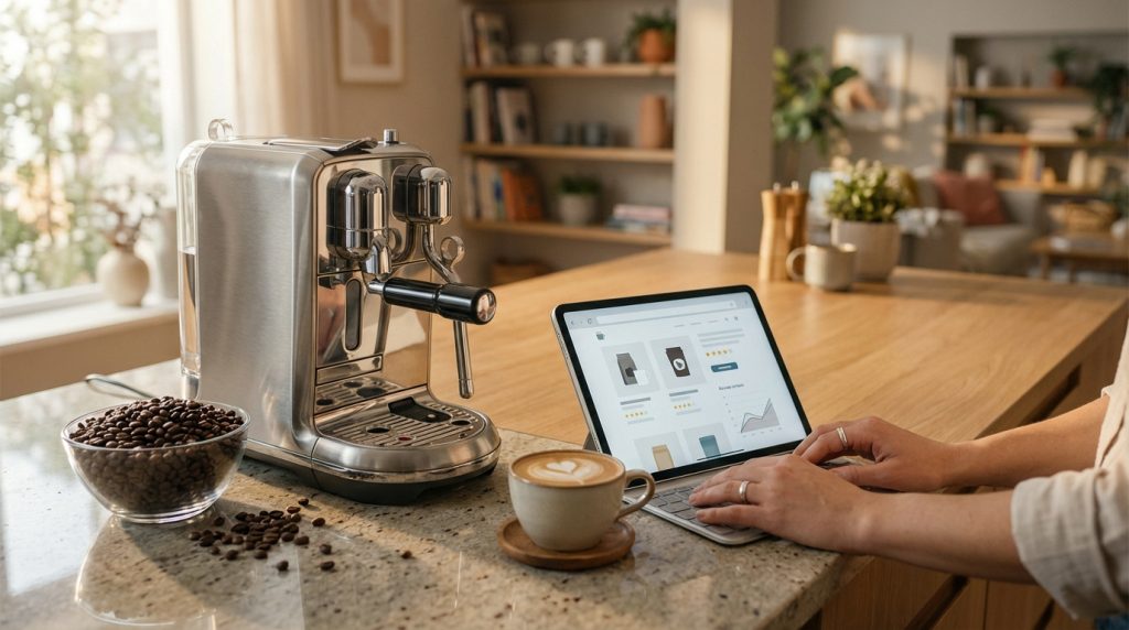 Une personne tape sur une tablette affichant un webstore de café, à côté d'une machine à expresso, de grains de café et d'un cappuccino.