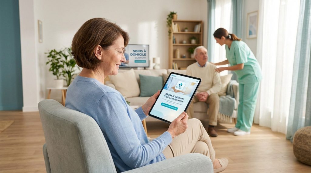Woman uses tablet for online admission. Background: nurse cares for elderly man at home, symbolizing digital efficiency and compassionate soins à domicile.