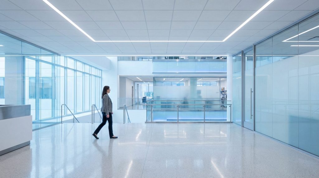 Professional woman walks confidently through a pristine, well-lit modern building interior with gleaming floors, glass walls, and cool tones.