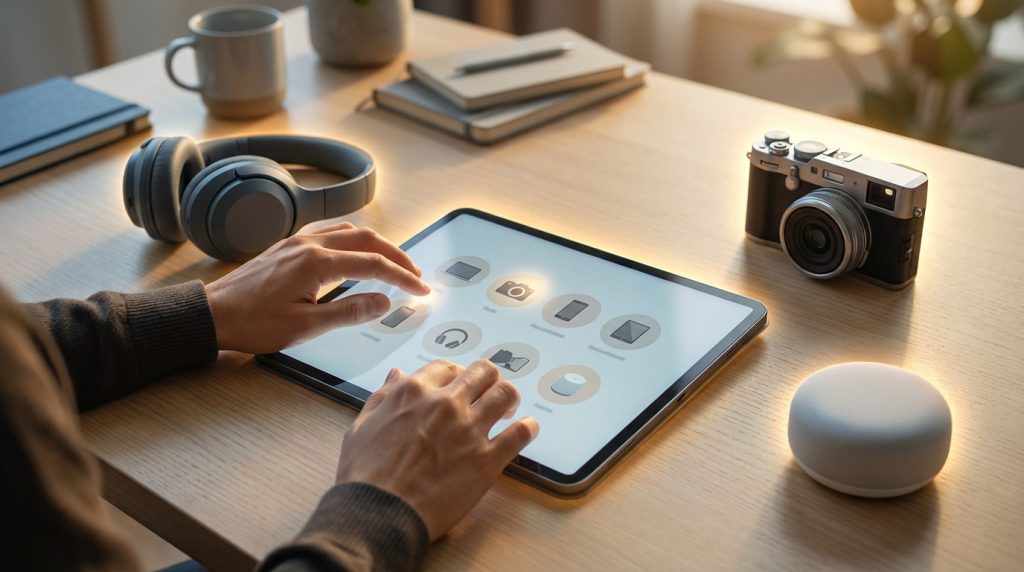 Hands navigate a tablet screen showing tech icons, surrounded by glowing refurbished headphones, a camera, and a smart speaker on a desk.