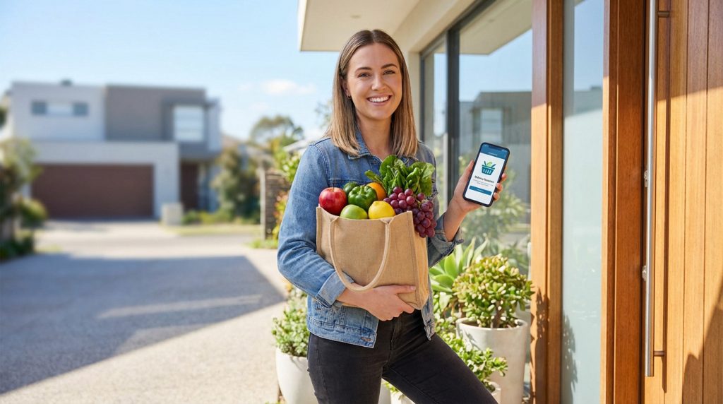 Smiling woman with fresh groceries and a shopping app at her modern home's doorstep, representing convenient online ordering.