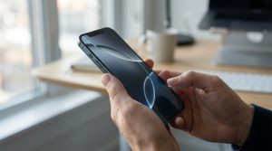 Mains tenant un smartphone à l'écran allumé avec fond d'écran abstrait. Arrière-plan flou d'un bureau avec ordinateur et fenêtre.