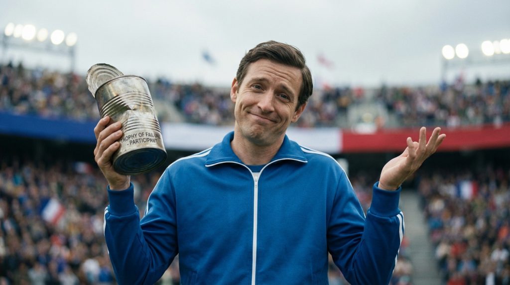 Homme en survêtement bleu, arborant un sourire ironique, tient une boîte de conserve cabossée "Trophy of Failure" devant une foule en stade.