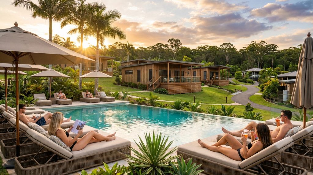 Golden hour view of a luxury resort pool with guests relaxing on chic loungers. Modern wooden lodges and lush greenery complete the serene scene.