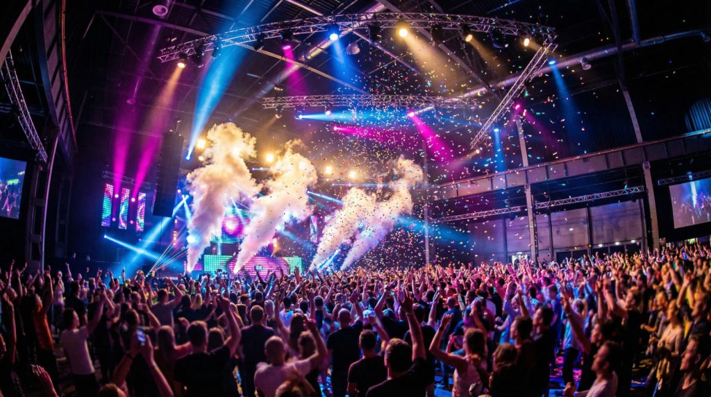 Wide-angle shot of a vibrant, high-energy celebration. A diverse crowd with arms raised, immersed in colorful stage lights, falling confetti, and smoke effects in a large modern venue.