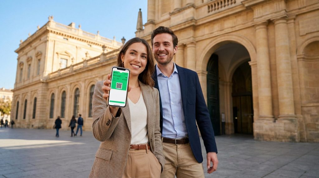 Un couple souriant montre un billet numérique Tiqets sur smartphone devant un bâtiment historique européen.